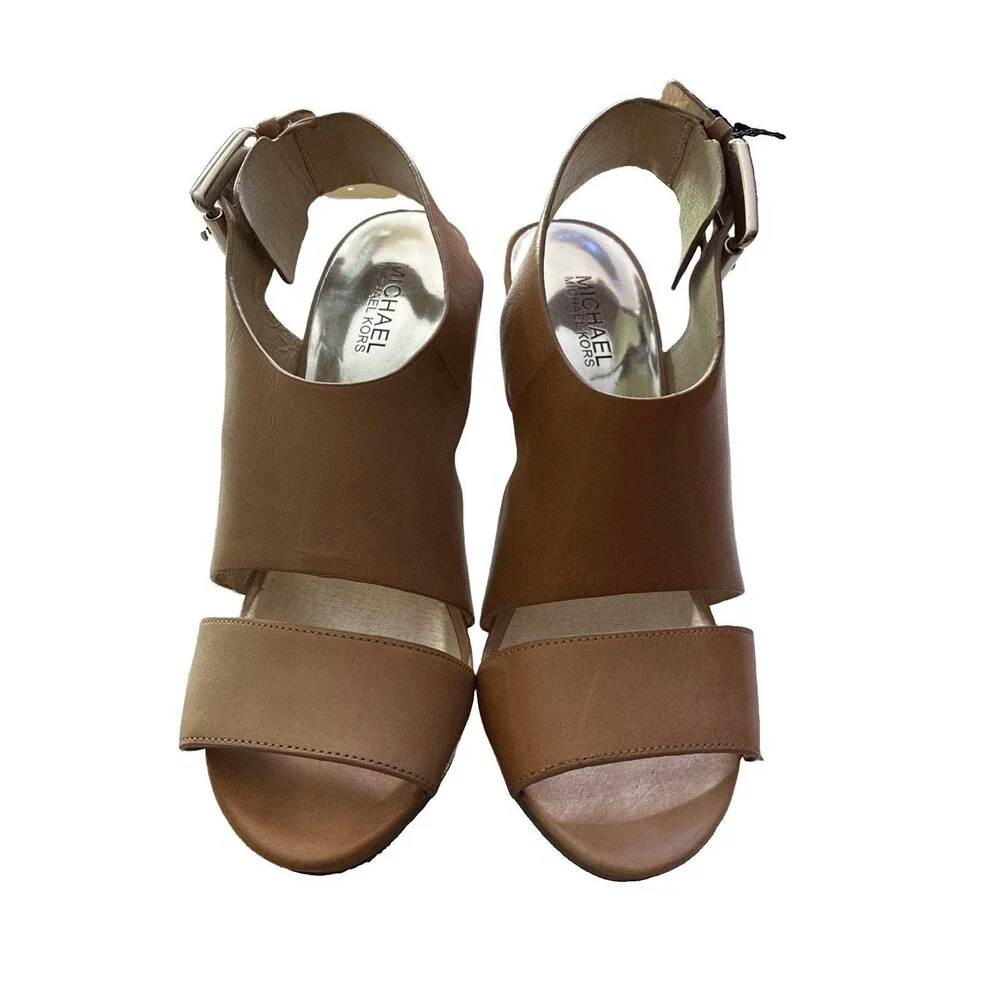 Michael Kors Carla Tan Leather Platform Heel Slingback Women's Sandals Sz 9.5